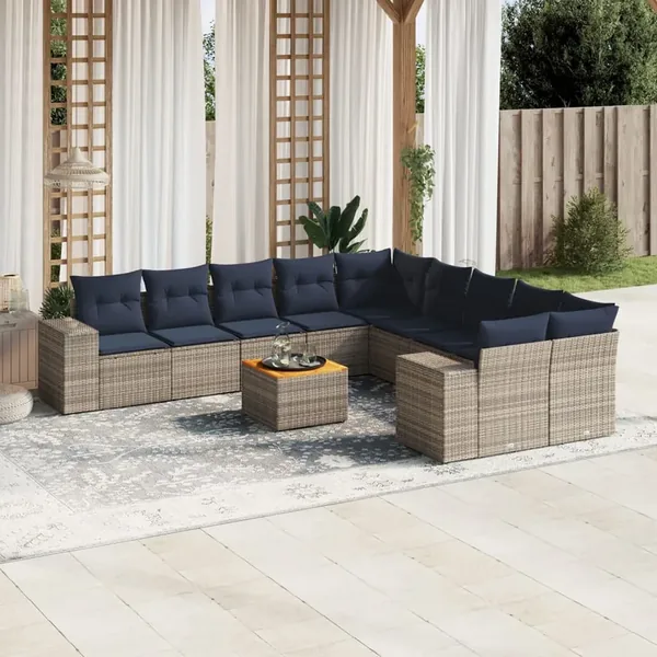 Ensemble de canapé de jardin 11 pcs avec coussins gris résine tressée