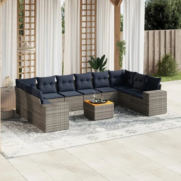 Ensemble de canapé de jardin 11 pcs avec coussins gris résine tressée