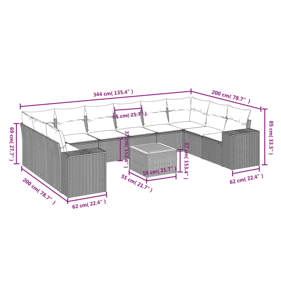 Ensemble de canapé de jardin 11 pcs avec coussins gris résine tressée - 8