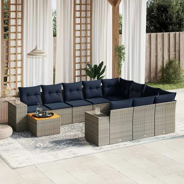 Ensemble de canapé de jardin 11 pcs avec coussins gris résine tressée