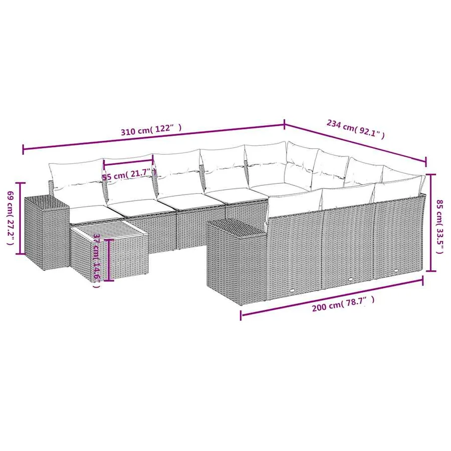 Ensemble de canapé de jardin 11 pcs avec coussins gris résine tressée - 8