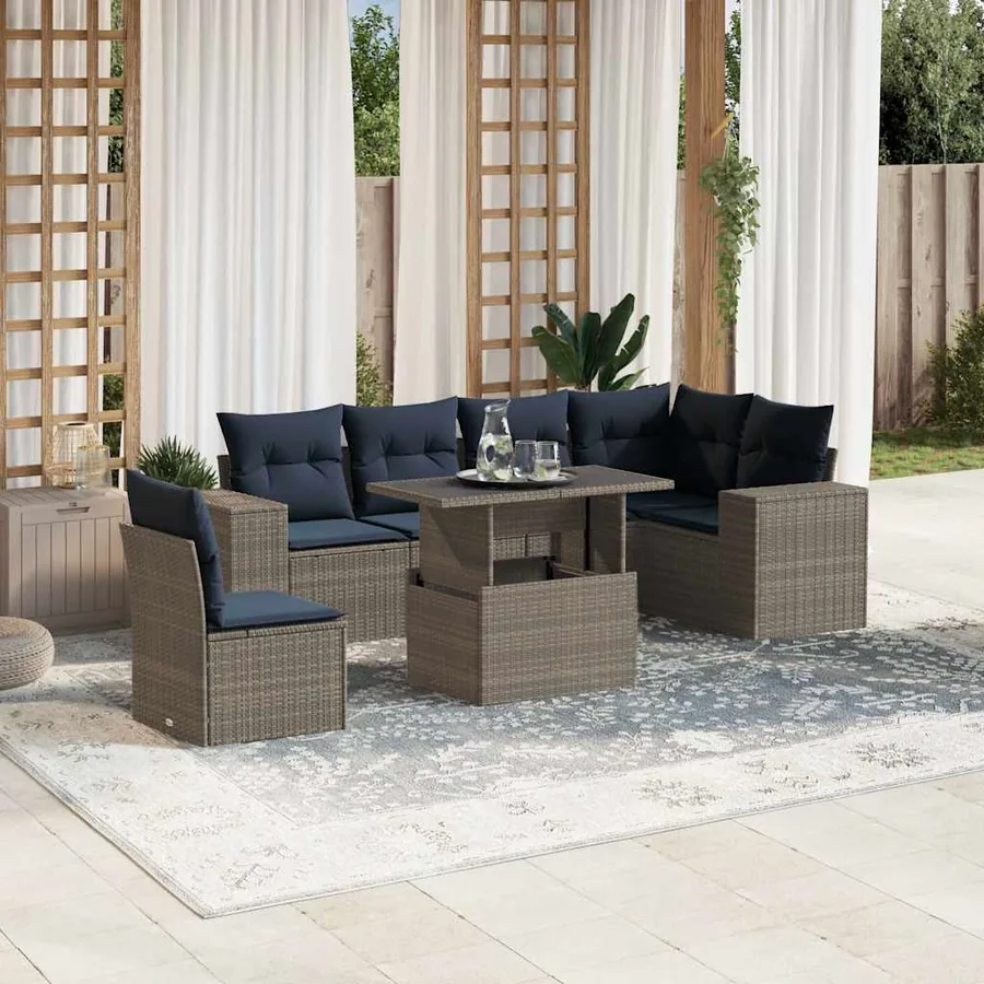 Ensemble de canapé de jardin 7 pcs avec coussins gris résine tressée