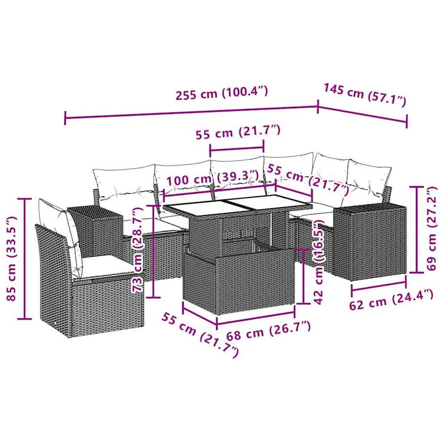 Ensemble de canapé de jardin 7 pcs avec coussins gris résine tressée - 10