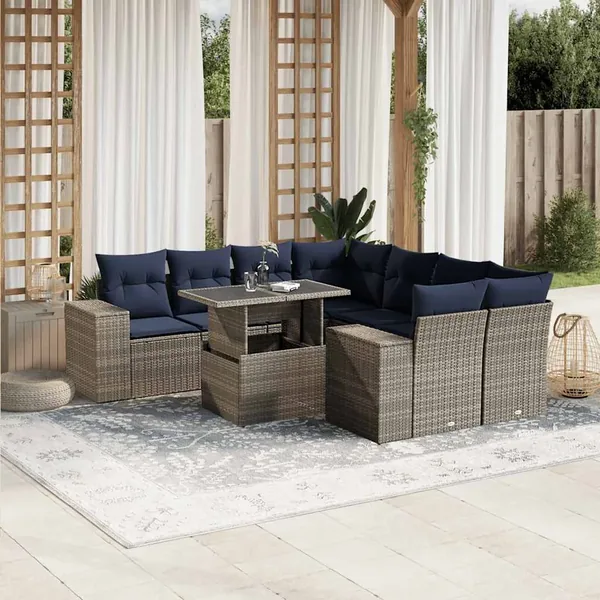 Ensemble de canapé de jardin 9 pcs avec coussins gris résine tressée