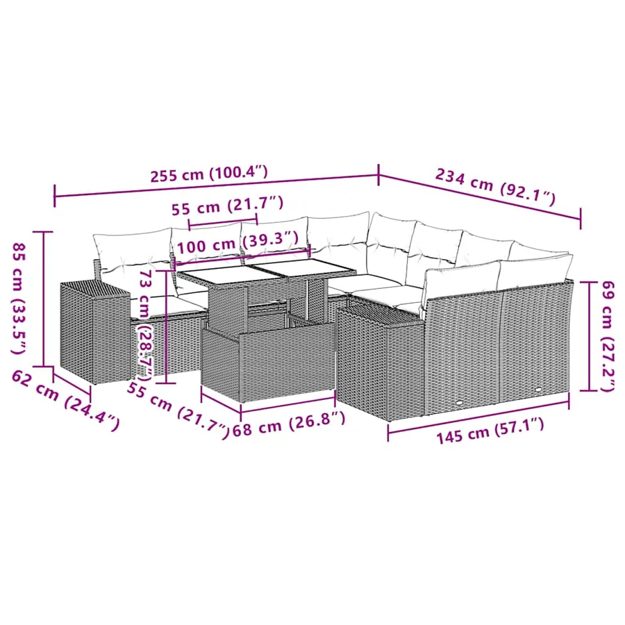 Ensemble de canapé de jardin 9 pcs avec coussins gris résine tressée - 10