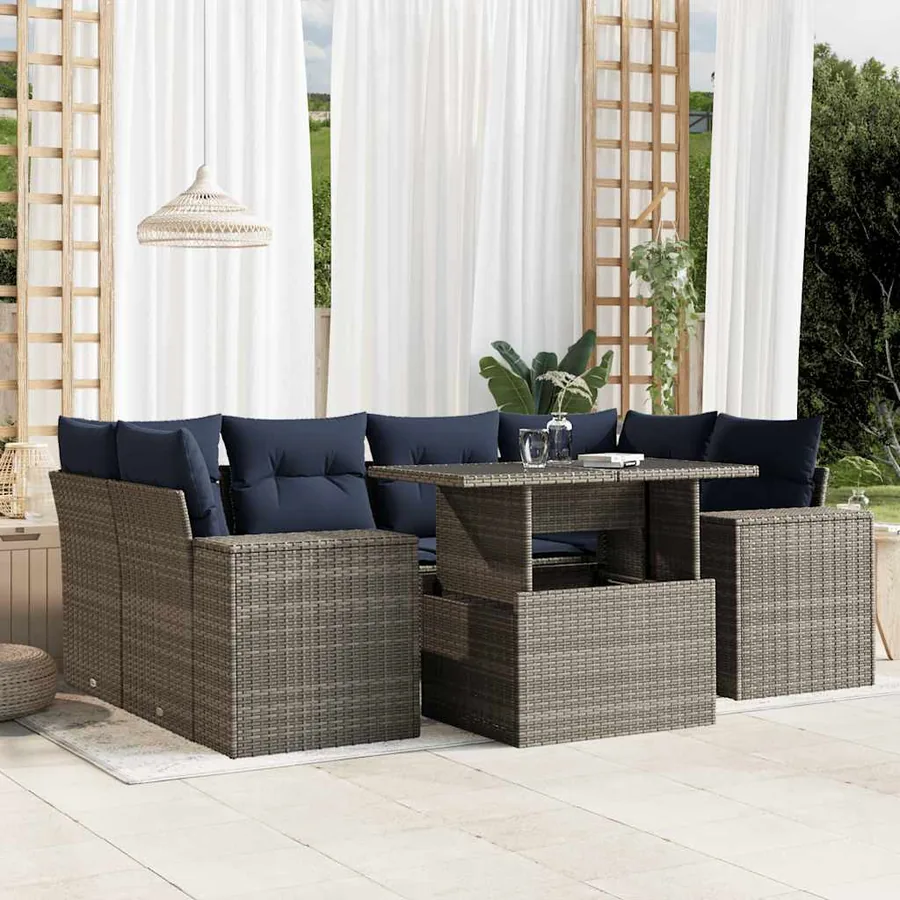 Ensemble de canapé de jardin 7 pcs avec coussins gris résine tressée