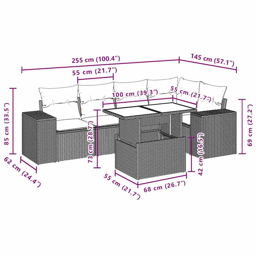 Ensemble de canapé de jardin 6 pcs avec coussins gris résine tressée - 10