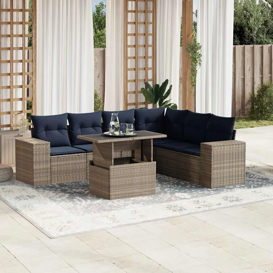 Ensemble de canapé de jardin 7 pcs avec coussins gris résine tressée