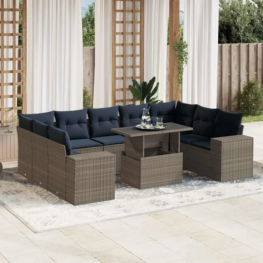 Ensemble de canapé de jardin 10 pcs avec coussins gris résine tressée