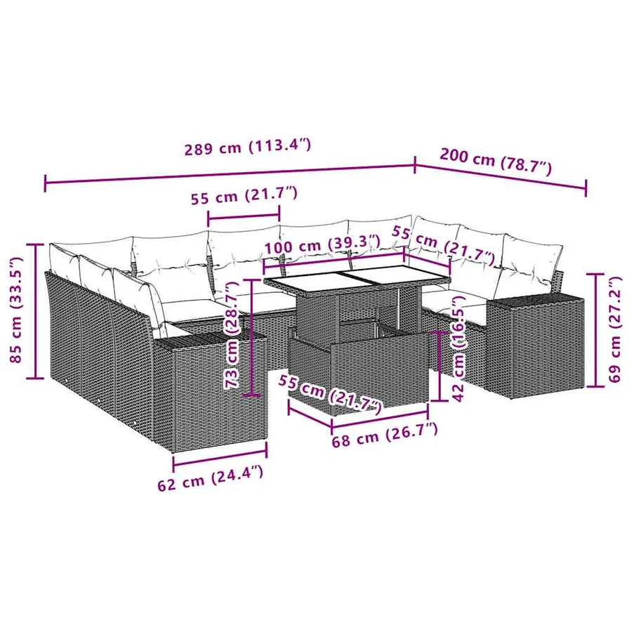 Ensemble de canapé de jardin 10 pcs avec coussins gris résine tressée - 11