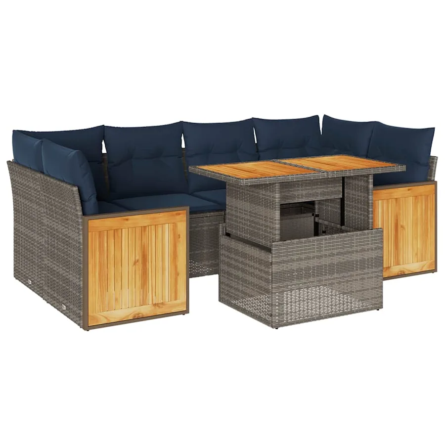 Salon de jardin avec coussins 7 pcs gris résine tressée acacia - 2