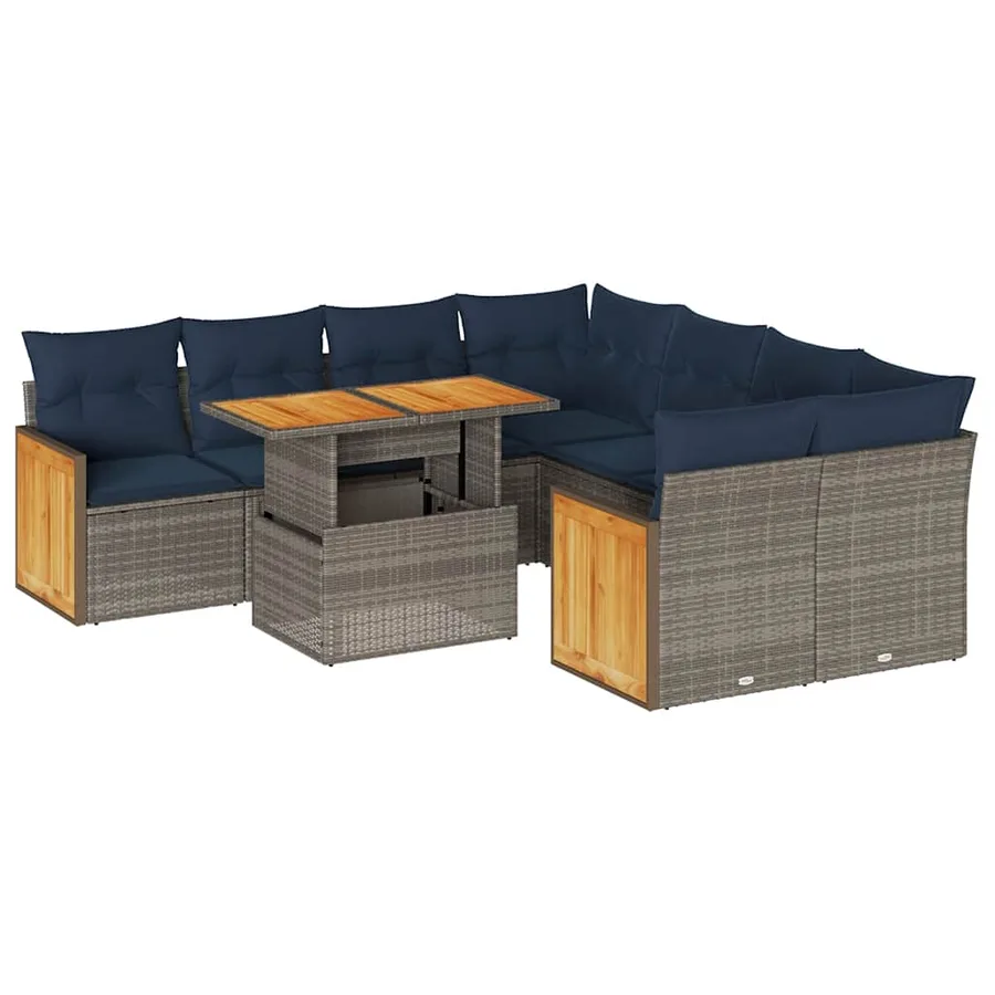 Salon de jardin avec coussins 9 pcs gris résine tressée acacia - 2