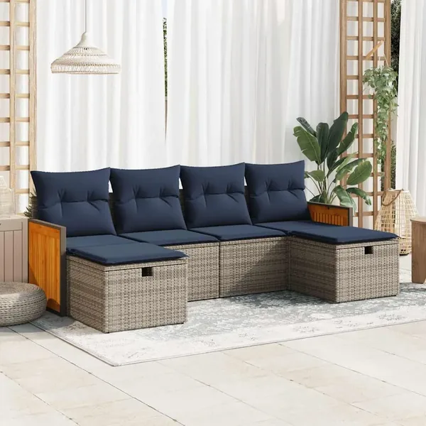 Salon de jardin 6 pcs avec coussins gris résine tressée