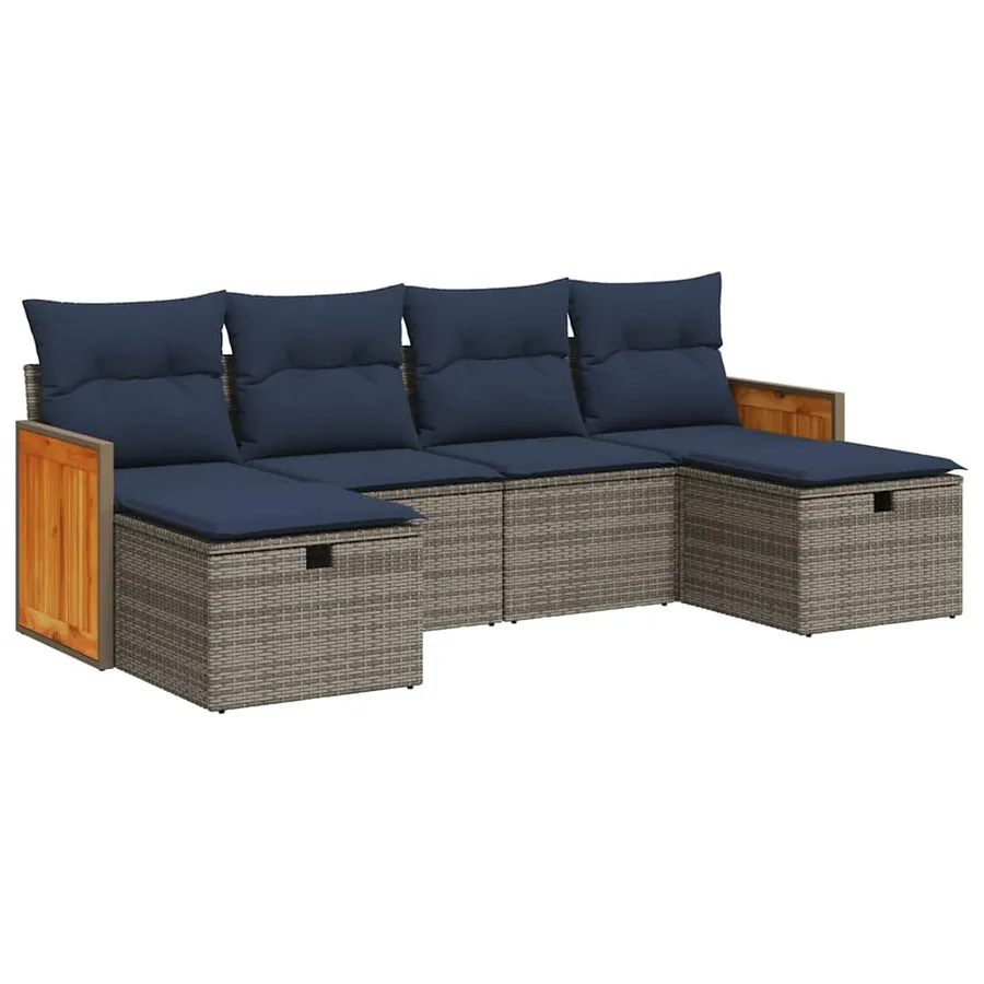 Salon de jardin 6 pcs avec coussins gris résine tressée - 2