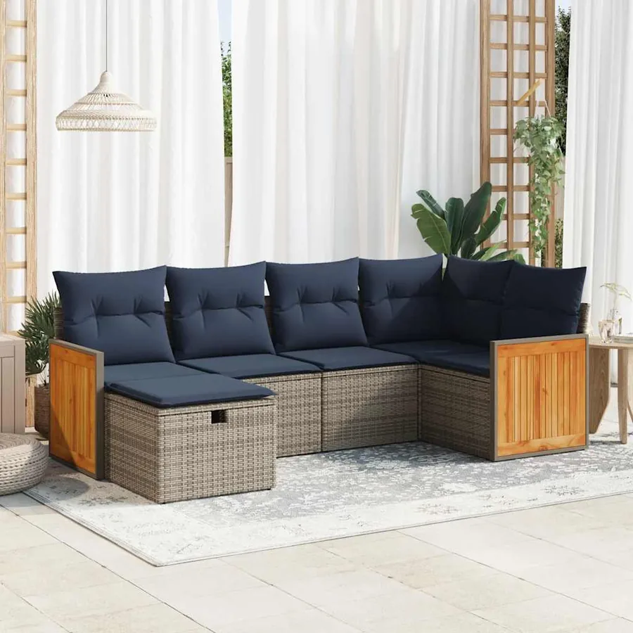 Salon de jardin 6 pcs avec coussins gris résine tressée