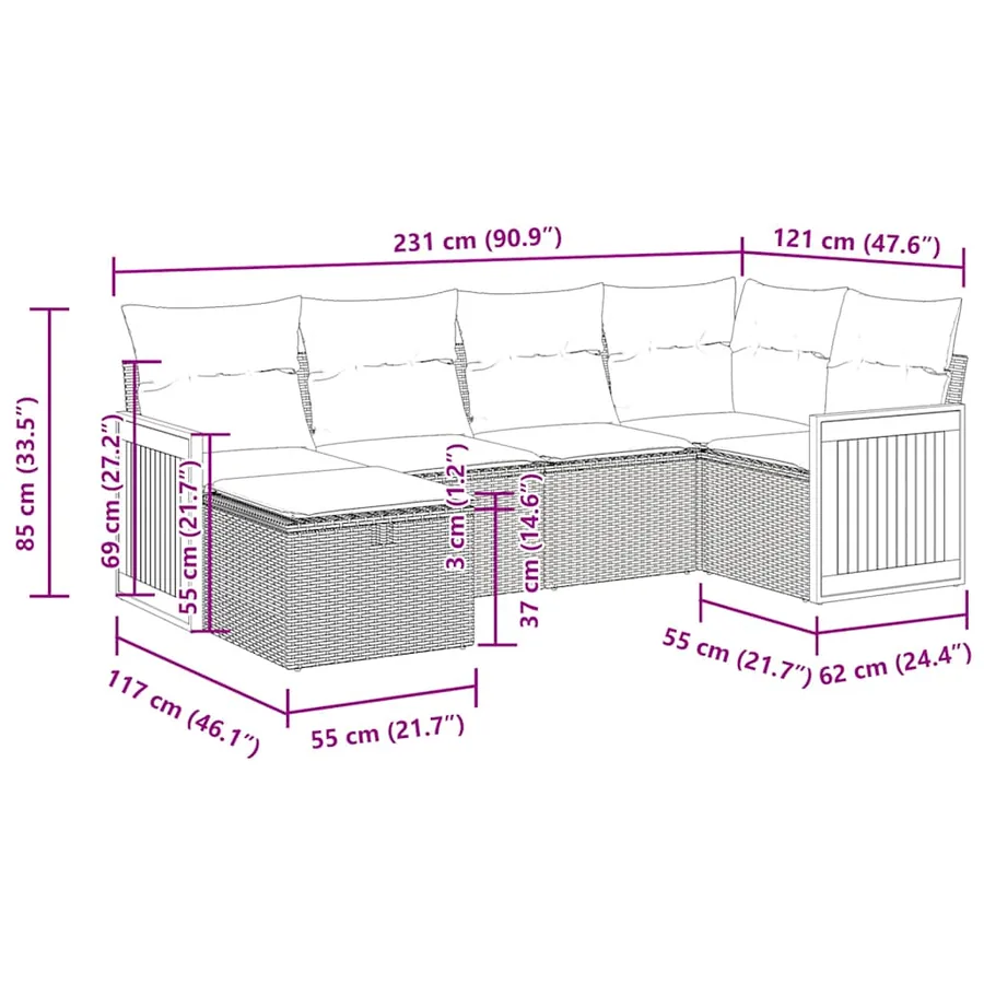 Salon de jardin 6 pcs avec coussins gris résine tressée - 14