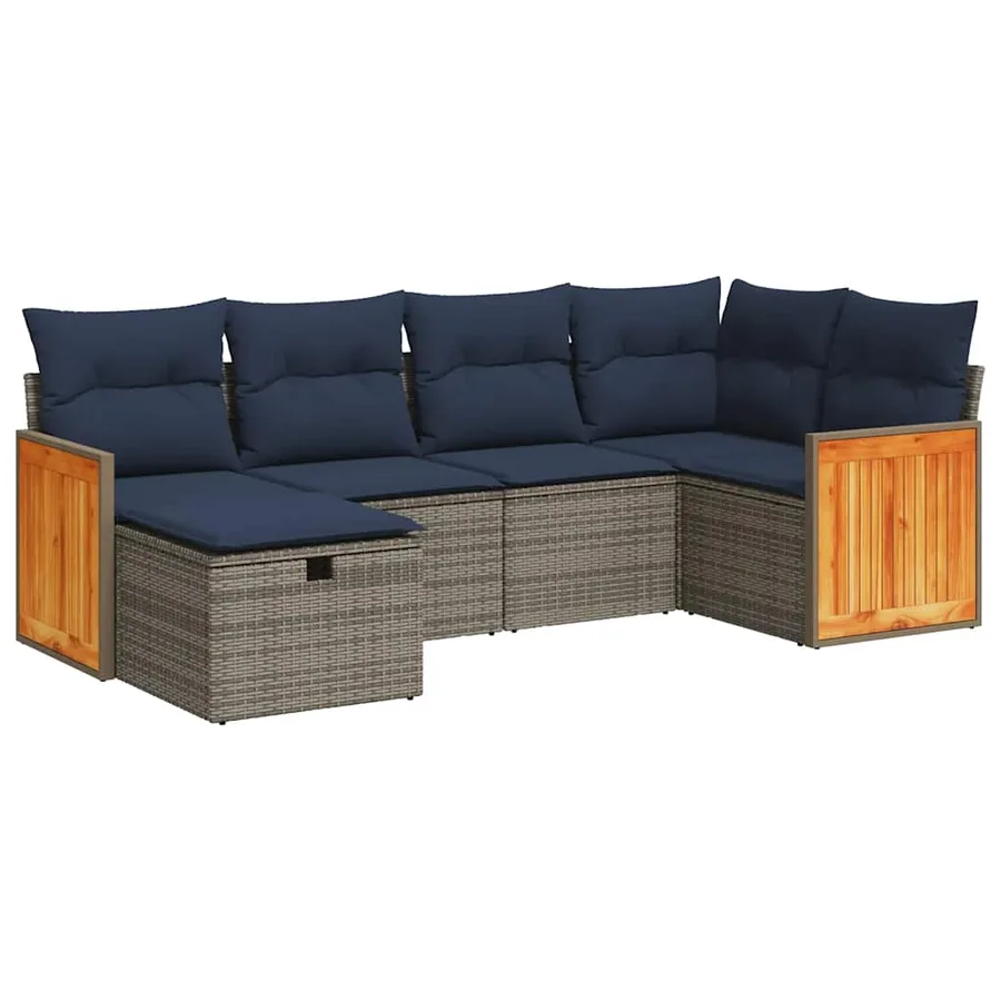 Salon de jardin 6 pcs avec coussins gris résine tressée - 2