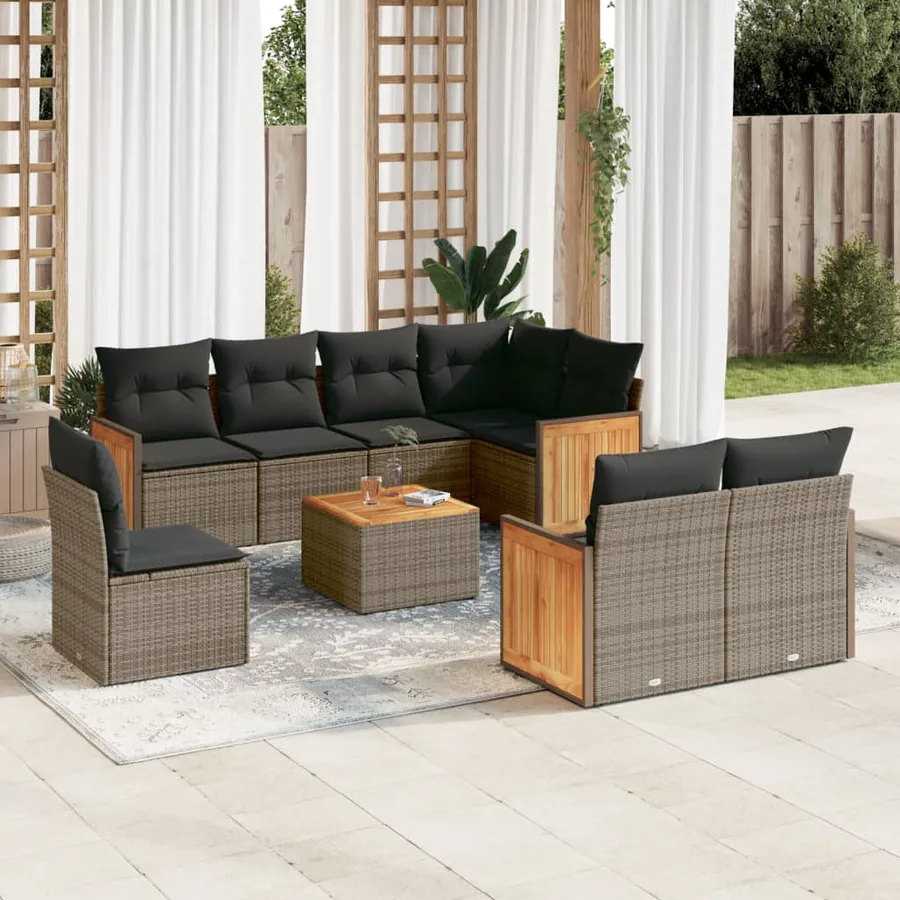 Ensemble de canapé de jardin 9 pcs avec coussins gris résine tressée