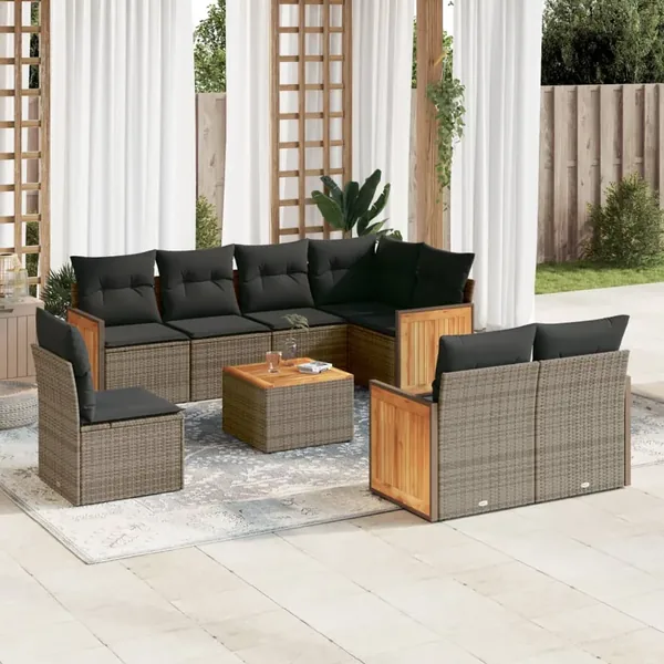 Ensemble de canapé de jardin 9 pcs avec coussins gris résine tressée