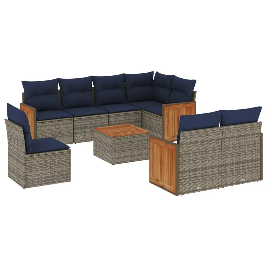 Ensemble de canapé de jardin 9 pcs avec coussins gris résine tressée - 2