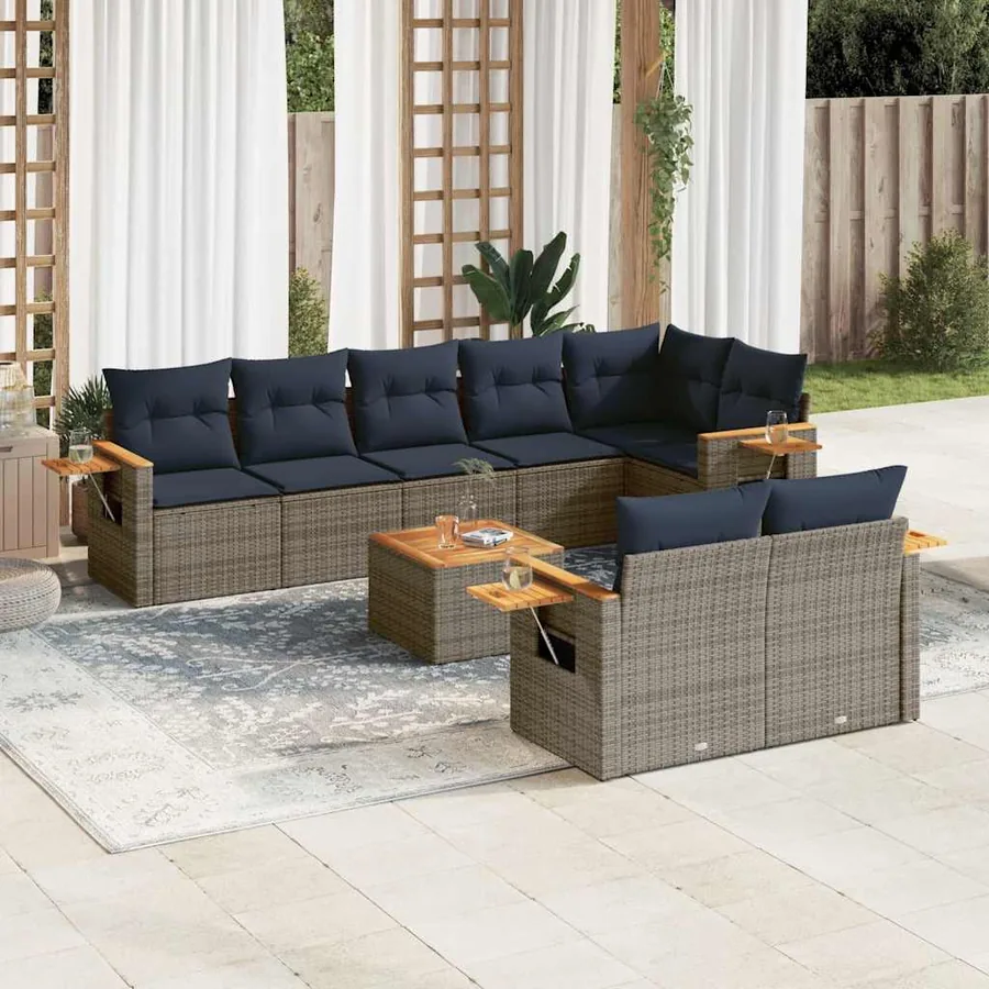 Salon de jardin 9 pcs avec coussins gris résine tressée