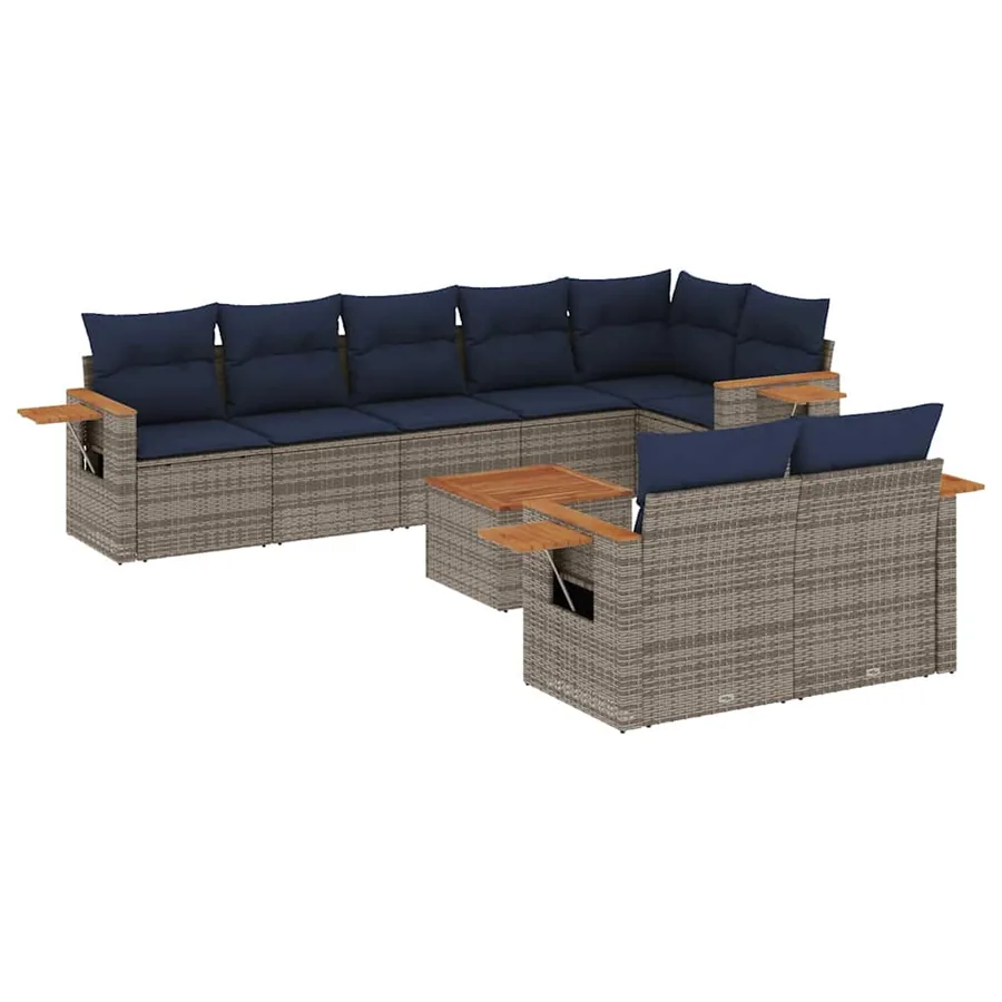 Salon de jardin 9 pcs avec coussins gris résine tressée - 2