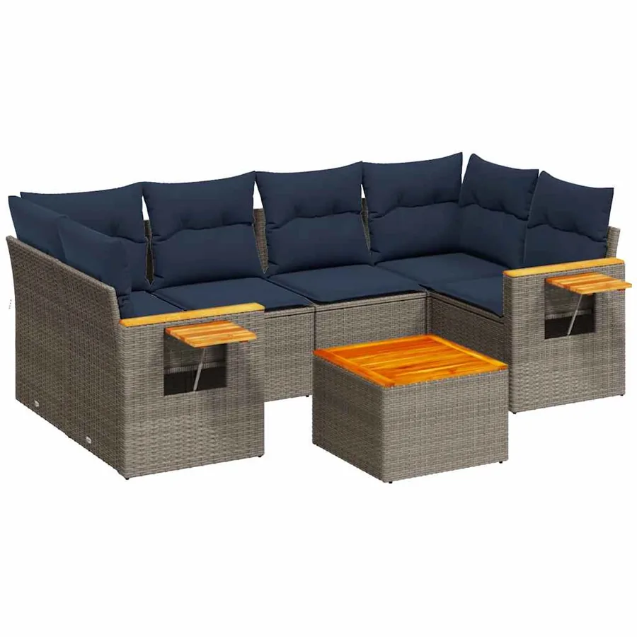 Salon de jardin 7 pcs avec coussins gris résine tressée - 2