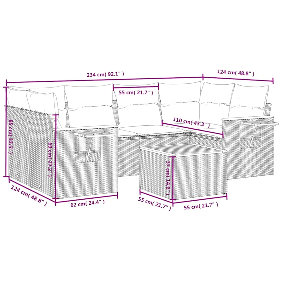 Salon de jardin 7 pcs avec coussins gris résine tressée - 9