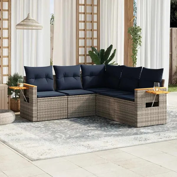 Salon de jardin 5 pcs avec coussins gris résine tressée