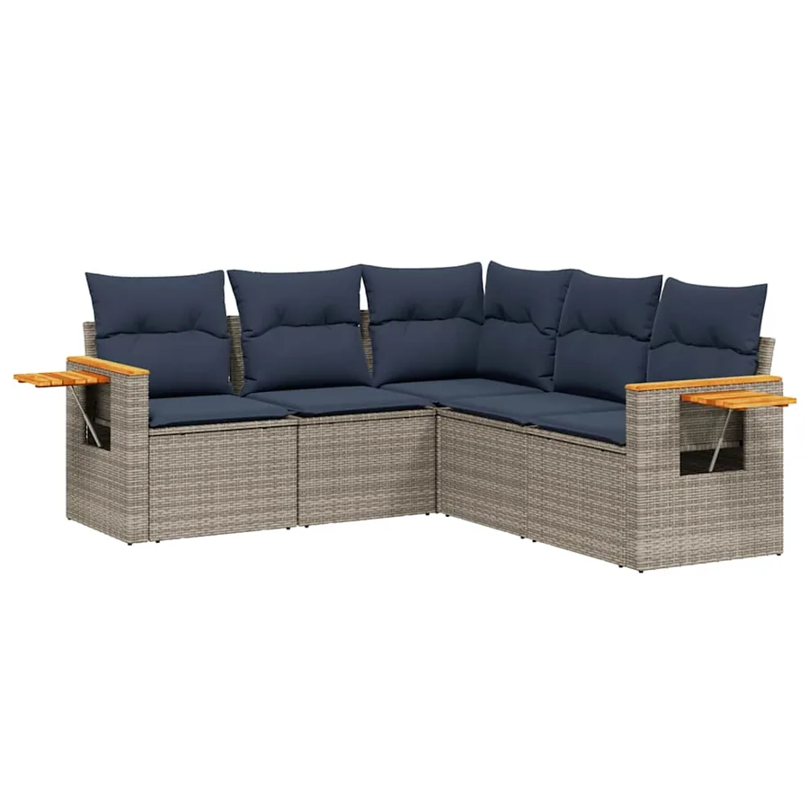 Salon de jardin 5 pcs avec coussins gris résine tressée - 2
