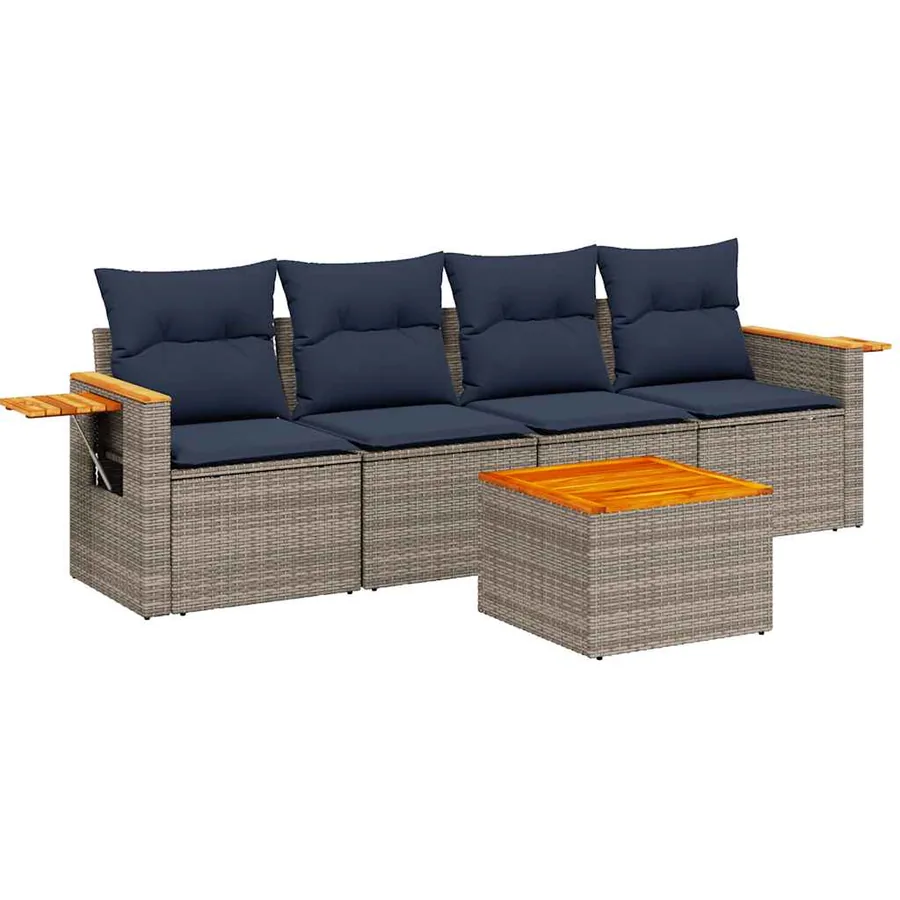 Salon de jardin 5 pcs avec coussins gris résine tressée - 2