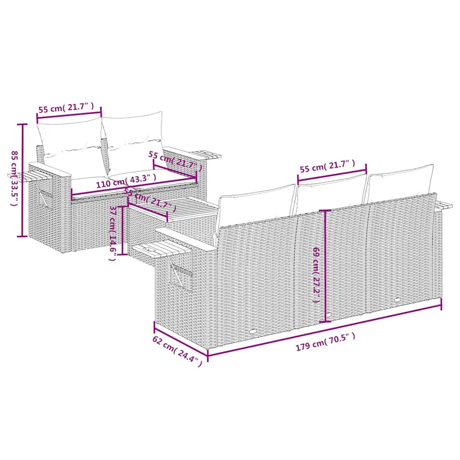Salon de jardin 6 pcs avec coussins gris résine tressée - 8