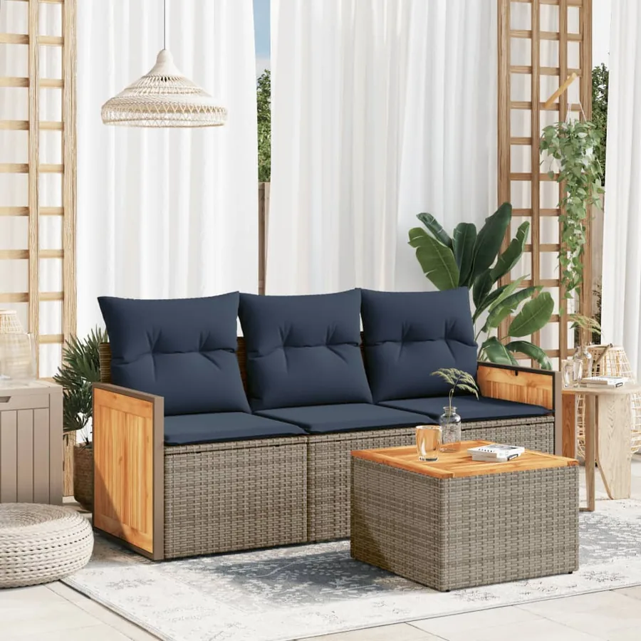 Ensemble de canapé de jardin 4 pcs avec coussins gris résine tressée