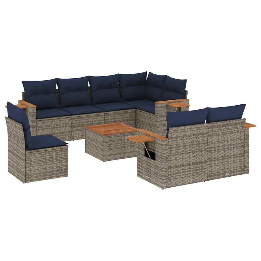 Salon de jardin 9 pcs avec coussins gris résine tressée - 2