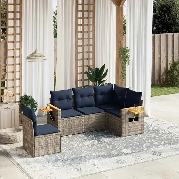 Salon de jardin 5 pcs avec coussins gris résine tressée