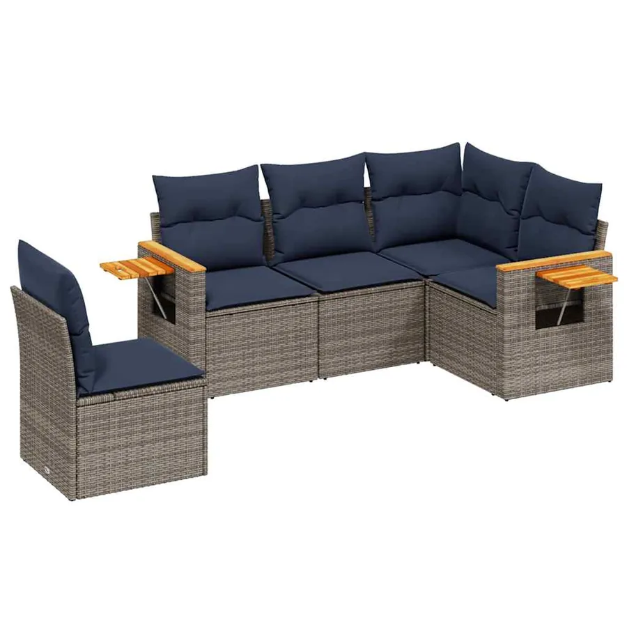 Salon de jardin 5 pcs avec coussins gris résine tressée - 2