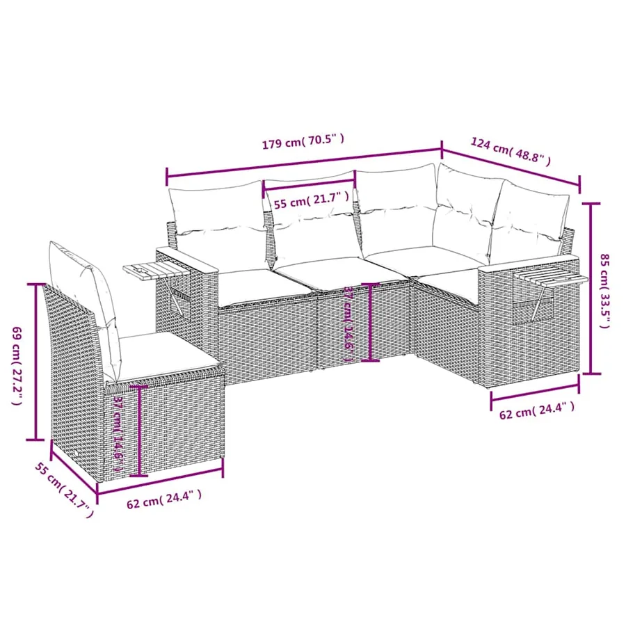 Salon de jardin 5 pcs avec coussins gris résine tressée - 8