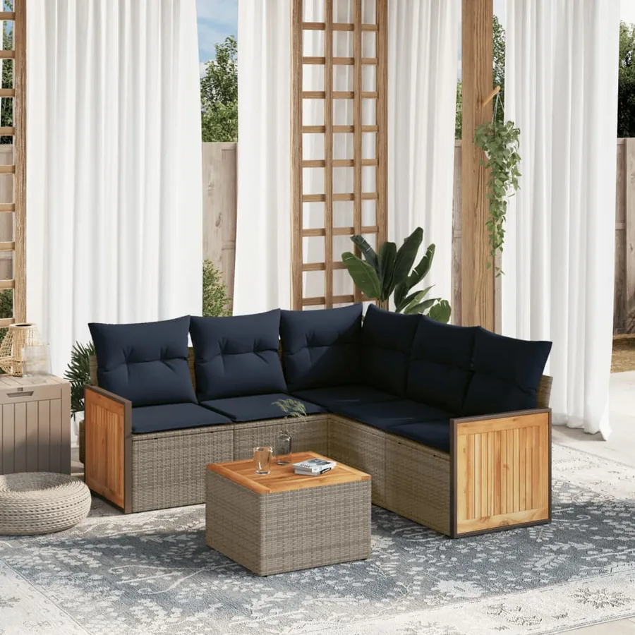 Ensemble de canapé de jardin 6 pcs avec coussins gris résine tressée