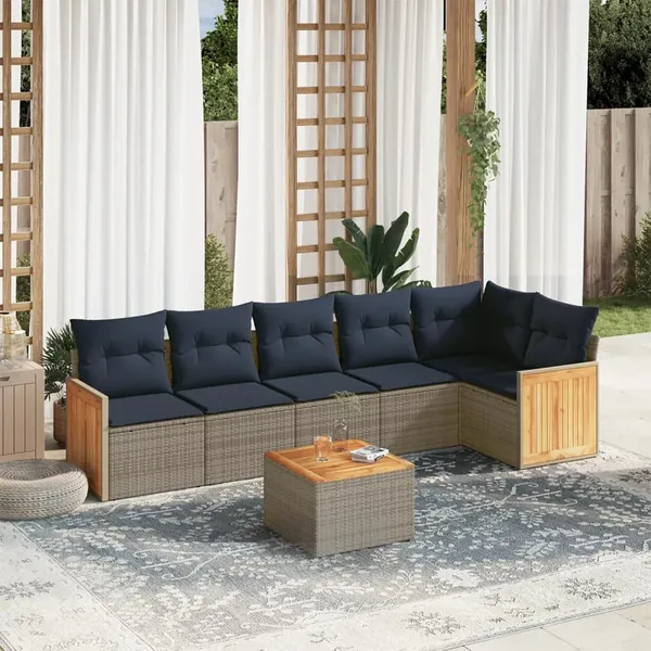 Ensemble de canapé de jardin 7 pcs avec coussins gris résine tressée