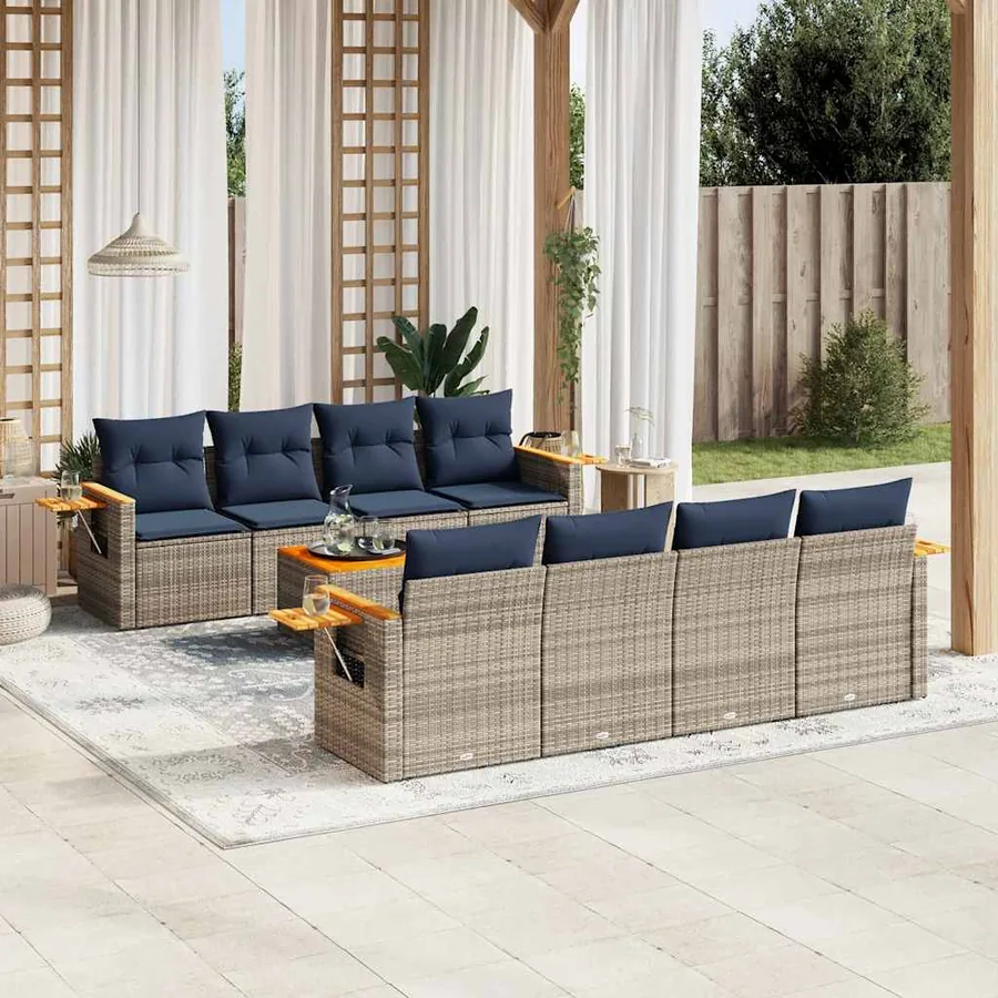 Salon de jardin 9 pcs avec coussins gris résine tressée