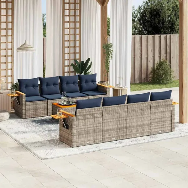 Salon de jardin 9 pcs avec coussins gris résine tressée