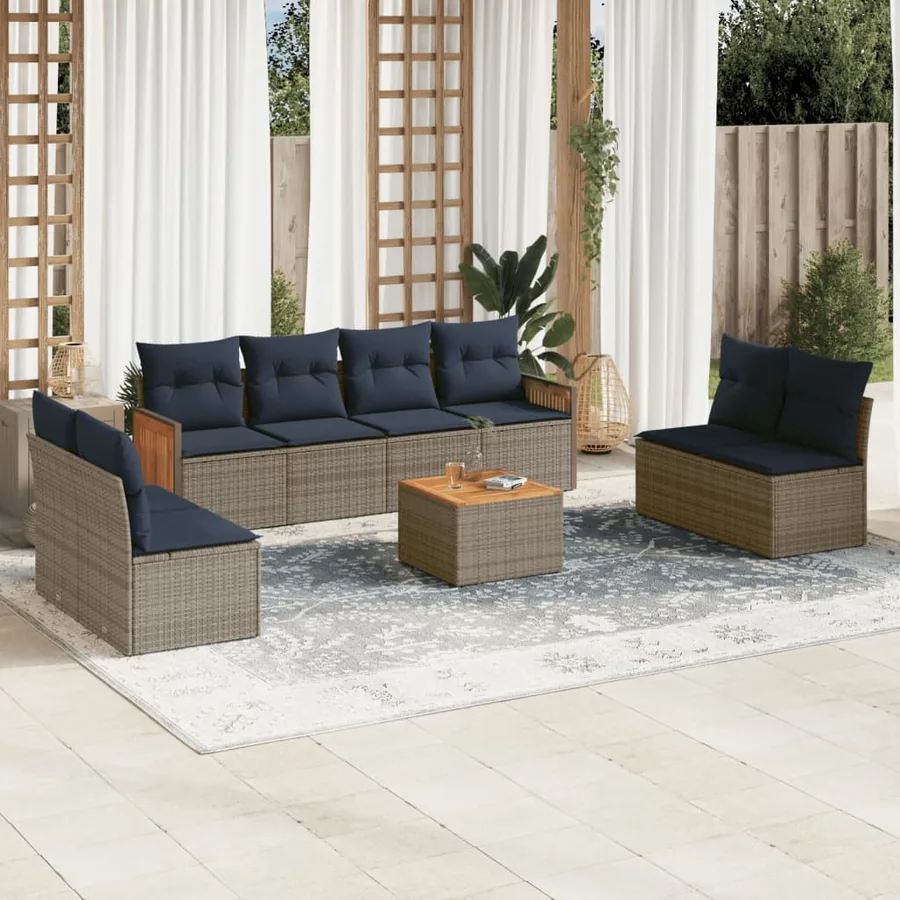 Ensemble de canapé de jardin 9 pcs avec coussins gris résine tressée