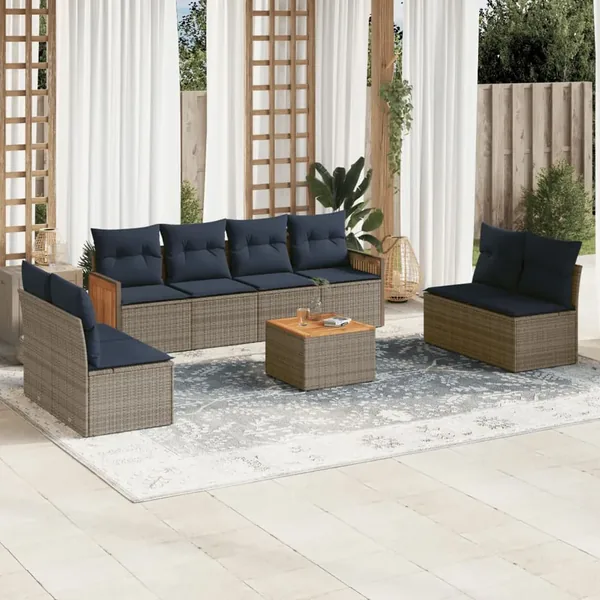 Ensemble de canapé de jardin 9 pcs avec coussins gris résine tressée