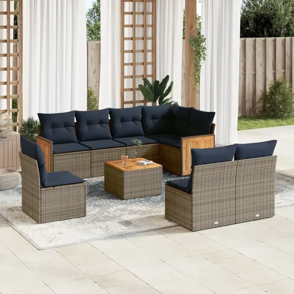 Ensemble de canapé de jardin 9 pcs avec coussins gris résine tressée
