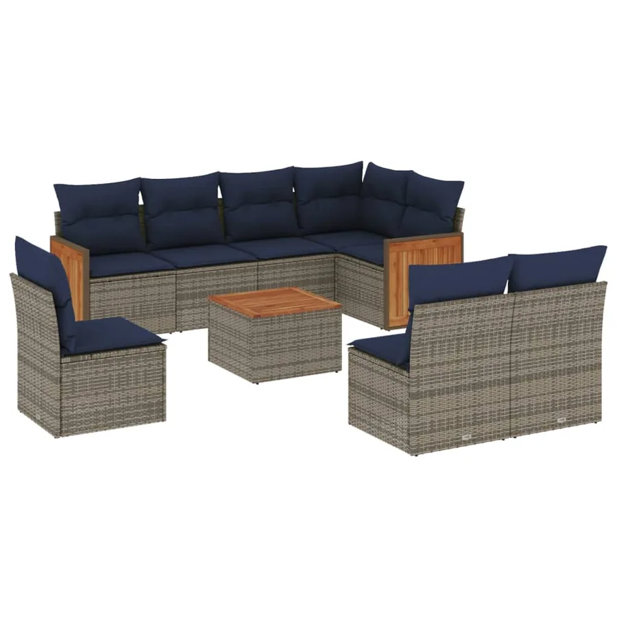 Ensemble de canapé de jardin 9 pcs avec coussins gris résine tressée - 2