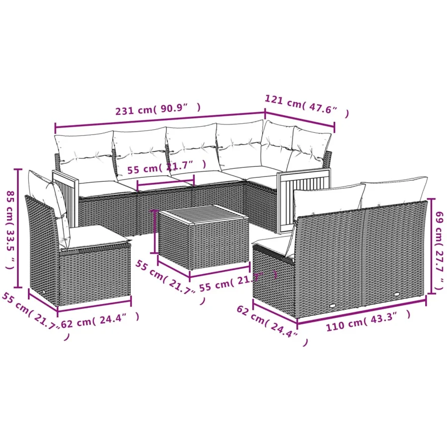 Ensemble de canapé de jardin 9 pcs avec coussins gris résine tressée - 8
