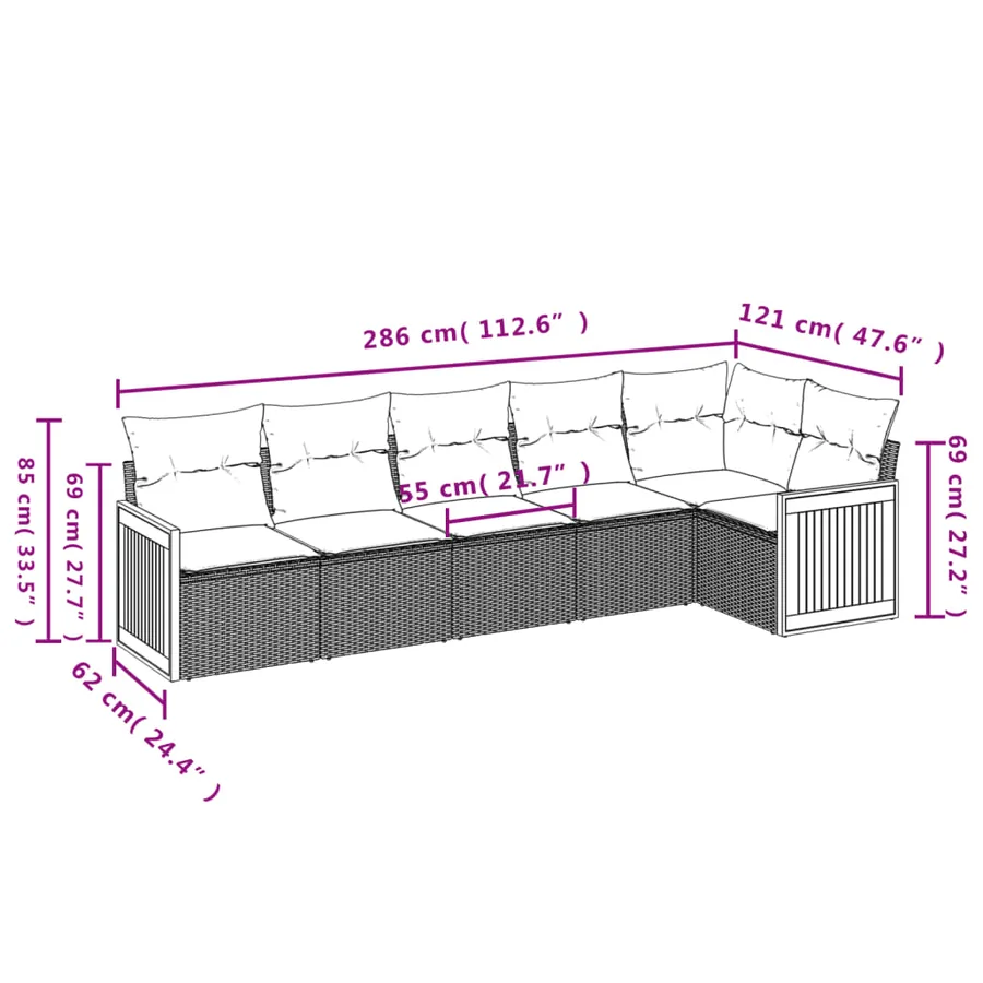 Ensemble de canapé de jardin 6 pcs avec coussins gris résine tressée - 7