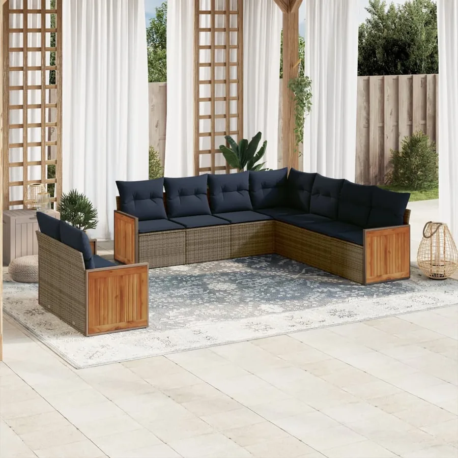 Ensemble de canapé de jardin 9 pcs avec coussins gris résine tressée