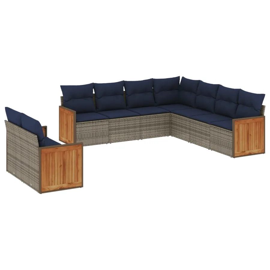Ensemble de canapé de jardin 9 pcs avec coussins gris résine tressée - 2