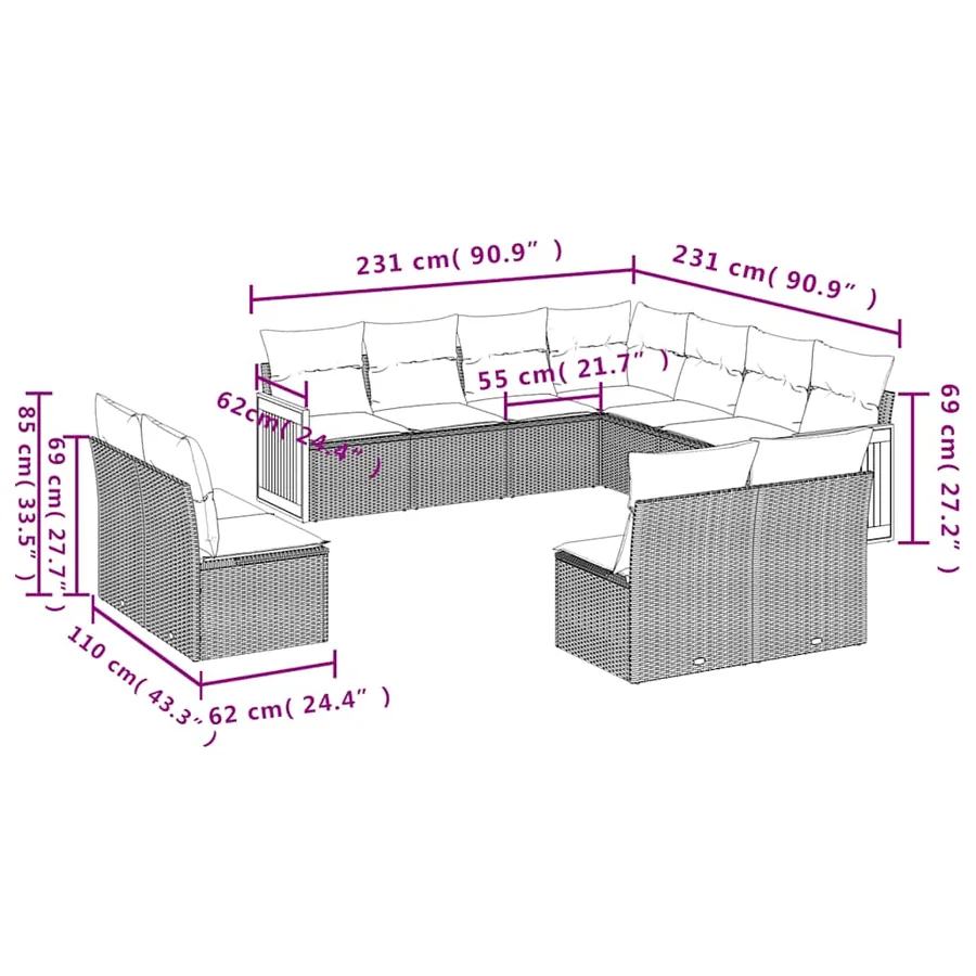 Ensemble de canapé de jardin 10 pcs avec coussins gris résine tressée - 7